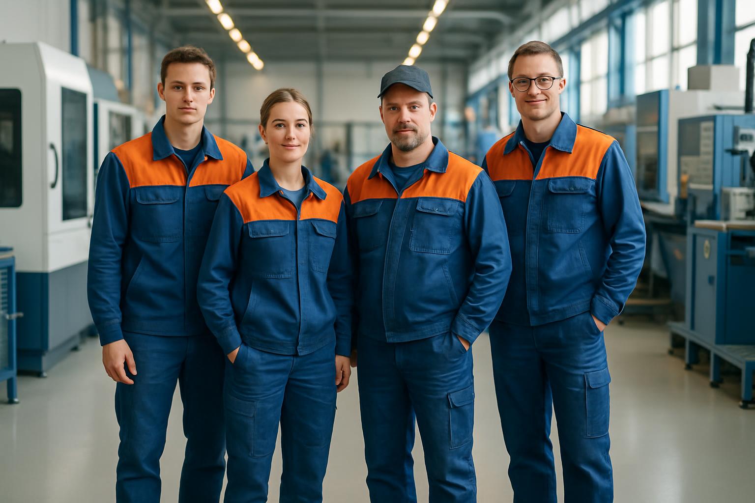 Mitarbeiter in einheitlicher Arbeitskleidung im Industriebetrieb